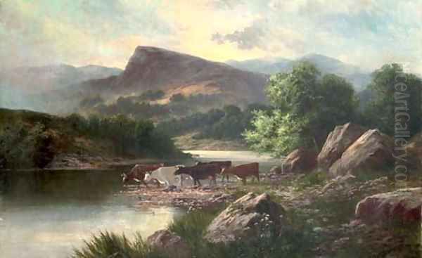 Cows watering in a mountainous river landscape - view 1
