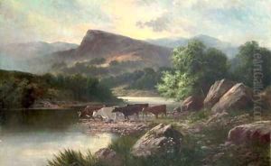 Cows watering in a mountainous river landscape by Sidney Yates Johnson