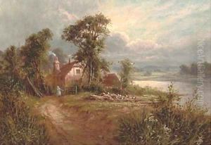 A figure outside a country cottage beside a river by Sidney Yates Johnson