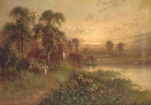 A shepherd with his flock on a path by Sidney Yates Johnson