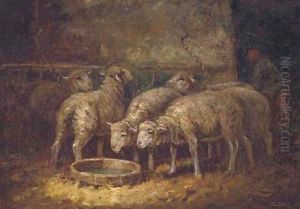 Sheep watering in a stable by Charles Emile Jacque