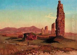 A shepherd with his sheep by a ruined aquaduct on the Roman Campagna