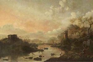 An evening Italianate landscape with peasants crossing a river, fishermen drawing in their nets nearby by Hans De Jode
