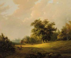 Peasants on a sandy trail in a wooded landscape