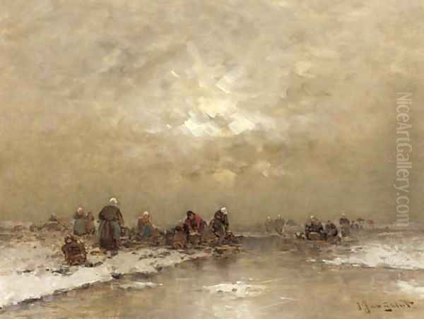 Fishermen at work in a frozen winter landscape - view 1
