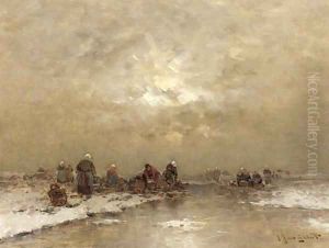 Fishermen at work in a frozen winter landscape