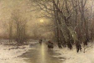 Peasants on a frozen waterway in winter by Johann Jungblutt
