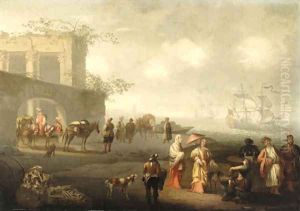 A Coastal Landscape with elegant Figures and Travellers by the Walls of a City by Jacobus De Jonckheer