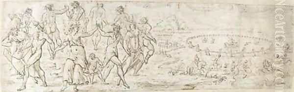 The Dance of the Months, with fantastic figures dancing in circles in a coastal landscape beyond - view 1