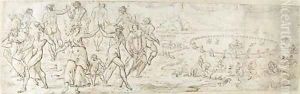 The Dance of the Months, with fantastic figures dancing in circles in a coastal landscape beyond by Christophe Jamnitzer