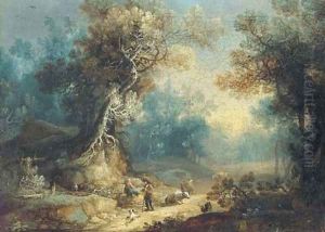 A wooded landscape with a shepherd and shepherdess at rest on a track by Frans Christoph Janneck