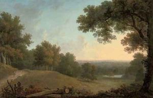 A view at Westhamble, Surrey, with a figure on a track, a lake in the distance by William George Jennings