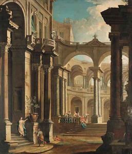 A capriccio of the courtyard of a baroque palace with musicians and other figures A capriccio of the courtyard of a baroque palace with musicians and other figures