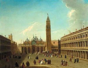 The Piazza San Marco, Venice, looking east, with a performance of the Commedia dell'Arte beneath the Campanile by Antonio Joli