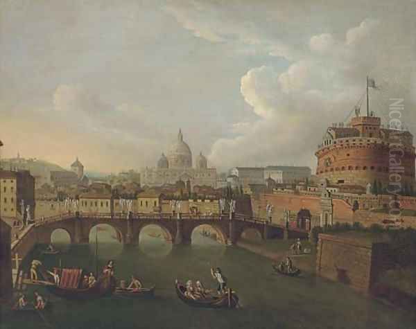 The Tiber, Rome, looking towards the Ponte Sant'Angelo and the Castel Sant'Angelo, Saint Peter's beyond - view 1