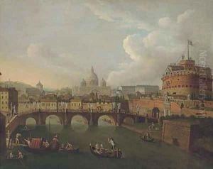 The Tiber, Rome, looking towards the Ponte Sant'Angelo and the Castel Sant'Angelo, Saint Peter's beyond by Antonio Joli