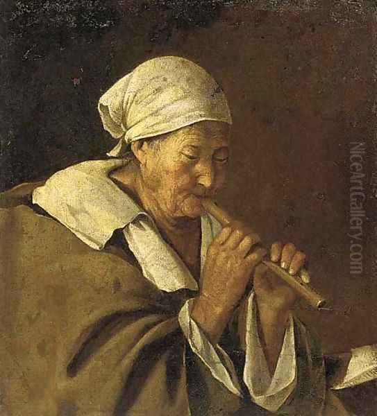 An old woman playing a flute - view 1