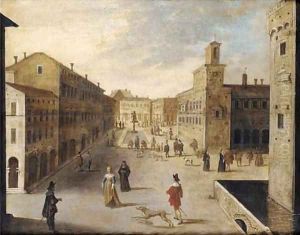 A capriccio of a Renaissance town square with elegant figures promenading by a fountain by Hans III Jordaens