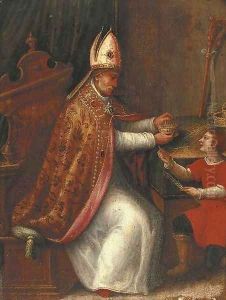 A bishop and a young boy weaving a basket in an interior by Juan De (Vicente) Juanes (Masip)