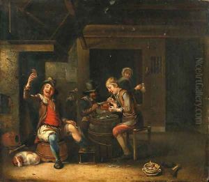 Peasants playing cards and smoking in a tavern by Justus Juncker