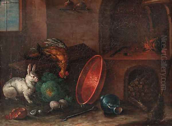 A rabbit near a cabbage, a copper pan and other utensils in a kitchen - view 1