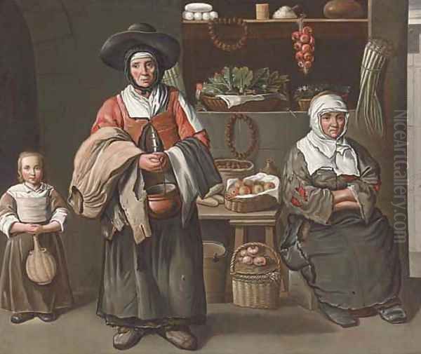 A young girl, a woman and an elderly woman selling vegetables, fruit, bread, nuts and wine - view 1