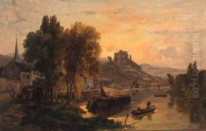 A river town with a castle beyond by Dominique Adolphe Grenet De Joigny