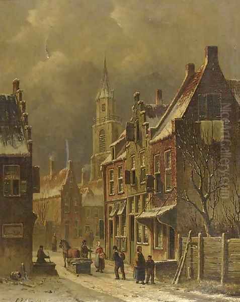 A townview in winter with figures conversing - view 1