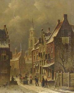 A townview in winter with figures conversing by Oene Romkes De Jongh
