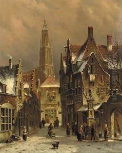 Numerous townsfolk in a city in winter