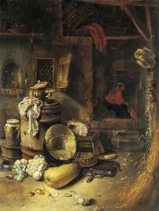 The courtyard of a cottage with a peasant by a fire by Willem Kalf