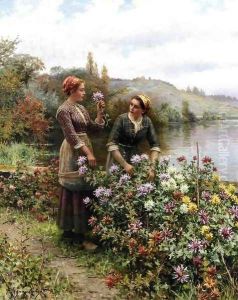 Peasant Girls In Flower Garden by Daniel Ridgway Knight
