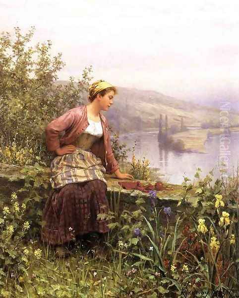 Brittany Girl Overlooking Stream - view 1
