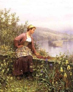 Brittany Girl Overlooking Stream by Daniel Ridgway Knight