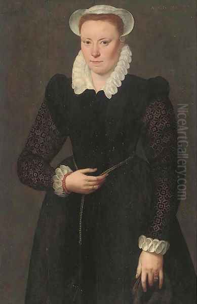 Portrait of a lady, aged 28, three-quarter-length, in a black dress with brocade sleeves, white collar, cuffs and bonnet and with a gold chain around - view 1