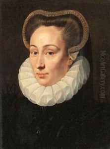 Portrait of a lady, bust-length, in a black brocade dress with an organza ruff by Adriaan Key