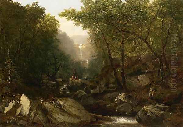Waterfall in the Woods with Indians - view 1