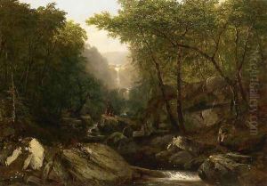 Waterfall in the Woods with Indians