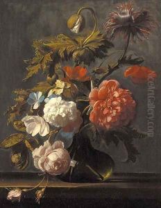 Tulips, roses, peonies, poppies and other flowers in a glass vase on a ledge by Cornelis Kick