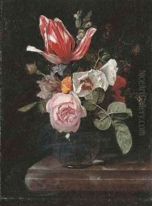 Roses, peonies, a tulip and other flowers in a glass vase on a stone ledge by Cornelis Kick