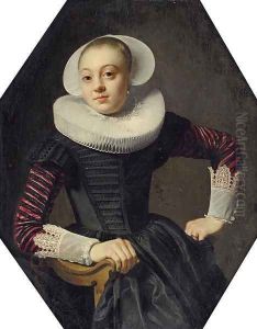 Portrait of a lady, seated three-quarter-length, in a black dress with red slashed sleeves, lace cuffs and a ruff by Thomas De Keyser