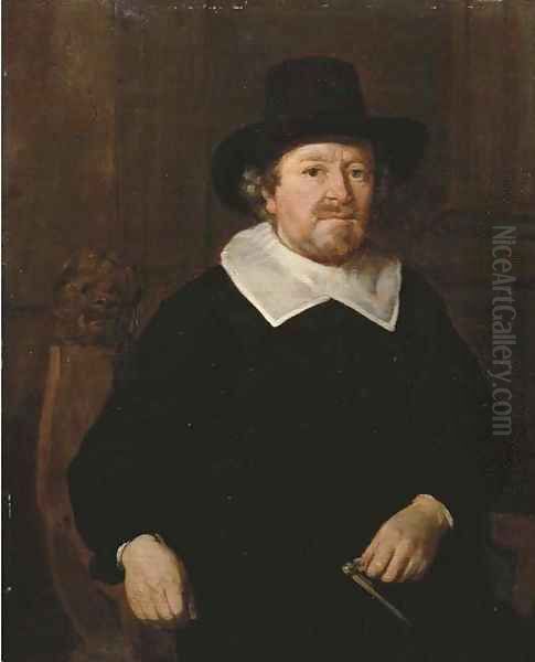 Portrait of a gentleman, three-quarter-length, in a black costume with white collar and black hat - view 1