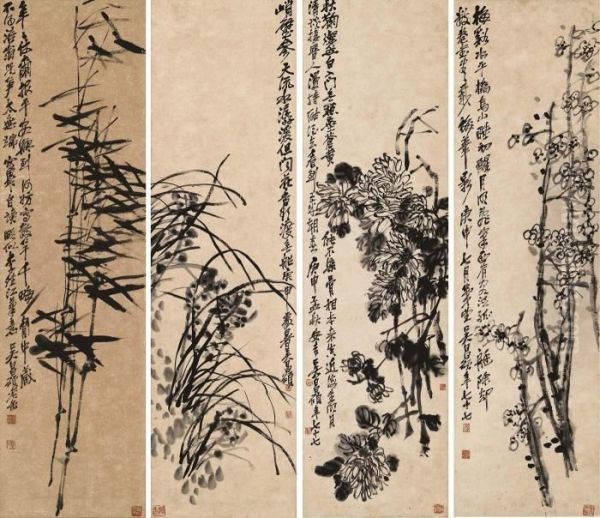 Plum, Orchid, Chrysanthemum And Bamboo by Wu Changshuo