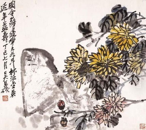 Chrysanthemum And Rock - view 1