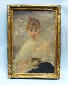 Portrait Of Ayoung Girl With A Sleeping Cat by Charles Josua Chaplin