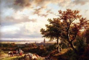 A Panoramic Rhenish Landscape With Peasants Conversing On A Track In The Morning Sun by Barend Cornelis Koekkoek