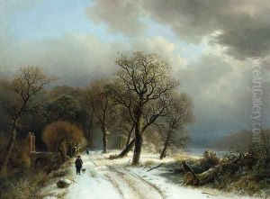 A Figure Walking His Dog on a Path in a Winter Landscape by Barend Cornelis Koekkoek