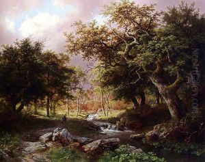 A Wooded Landscape With Figures Along A Stream by Barend Cornelis Koekkoek