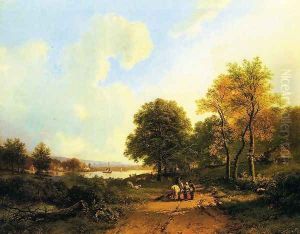 Peasants on a Path by a River by Barend Cornelis Koekkoek
