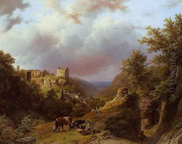 Countryfolk, Cattle and Goats on a Mountain Path with a Village Beyond - view 1